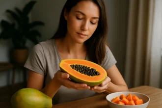 Žena s papájou, ovocím bohatým na živiny a zdravotné výhody.