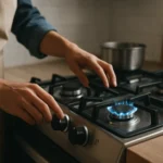 Osoba nastavuje plynový sporák pre bezpečné varenie