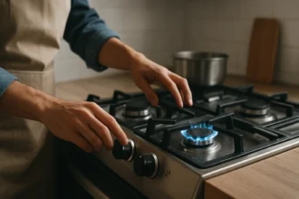 Osoba nastavuje plynový sporák pre bezpečné varenie