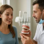 Dentist discussing dental health with a patient, focusing on incisors.
