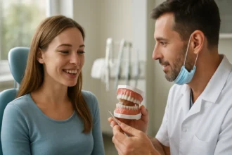 Dentist discussing dental health with a patient, focusing on incisors.