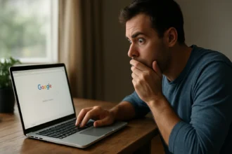 Muž prekvapený pri používaní Google vyhľadávania na notebooku.