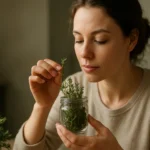 Žena skúma čerstvý tymian v sklenenom pohári