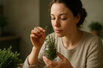 Žena skúma čerstvý tymian v sklenenom pohári