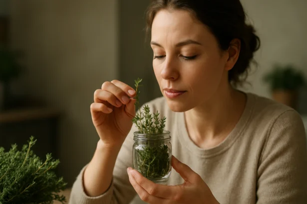 Žena skúma čerstvý tymian v sklenenom pohári