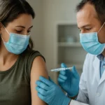 Žena dostáva vakcínu od lekára v ochranných rúškach.