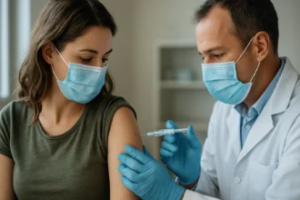 Žena dostáva vakcínu od lekára v ochranných rúškach.