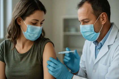 Žena dostáva vakcínu od lekára v ochranných rúškach.