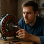 Muž skúma generátor s permanentnými magnetmi na drevenom stole