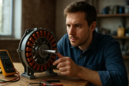 Muž skúma generátor s permanentnými magnetmi na drevenom stole