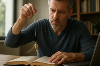 Muž s kyvadlom nad knihou, skúma vedecké fakty o kyvadle.