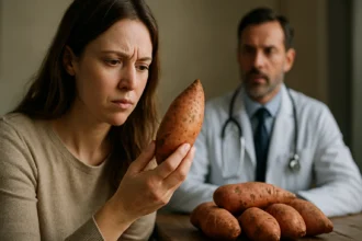 Žena skúma sladké zemiaky so znepokojeným výrazom, lekár v pozadí.
