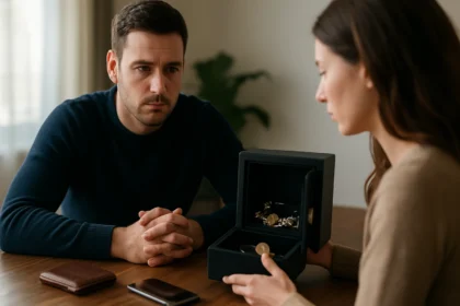 Zamyslený pár diskutuje o poistení a ochrane cenností.