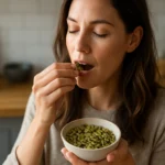 Žena konzumuje semienka papriky z misky v kuchyni.