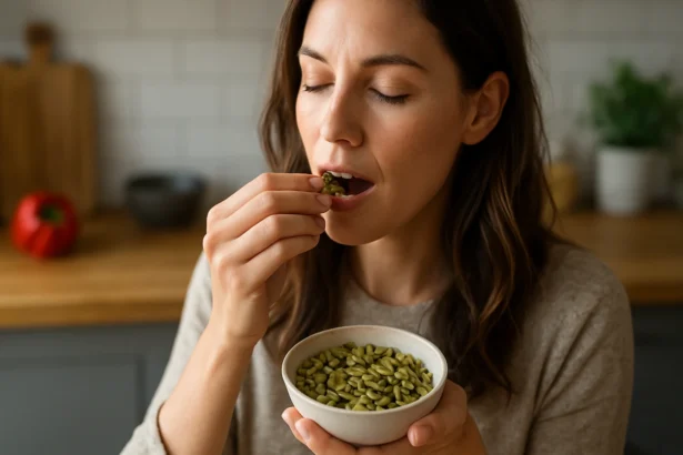 Žena konzumuje semienka papriky z misky v kuchyni.