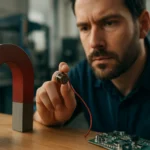 Muž skúma magnetický snímač pri veľkom magnete v laboratóriu.