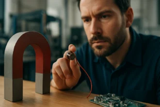 Muž skúma magnetický snímač pri veľkom magnete v laboratóriu.