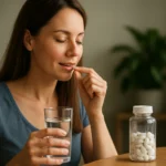 Žena vezme horčík s pohárom vody na zlepšenie zdravia a pohody.