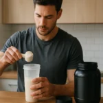 Muž pridáva proteínový prášok do šejkra na cvičenie.