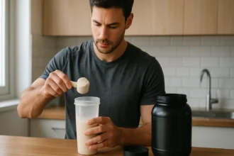 Muž pridáva proteínový prášok do šejkra na cvičenie.