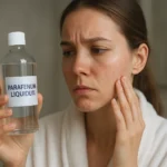 Žena skúma flašu paraffinum liquidum, minerálneho oleja na pokožku.