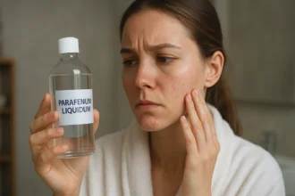 Žena skúma flašu paraffinum liquidum, minerálneho oleja na pokožku.