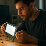 Muž skúma LCD displej na stole s nástrojmi.