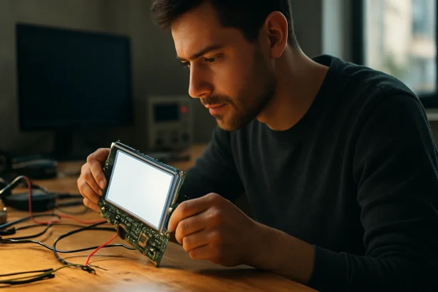 Muž skúma LCD displej na stole s nástrojmi.