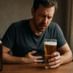 Muž s pivom zažívajúci nepríjemnosti pri stole.