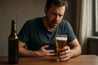 Muž s pivom zažívajúci nepríjemnosti pri stole.