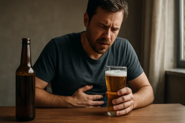 Muž s pivom zažívajúci nepríjemnosti pri stole.