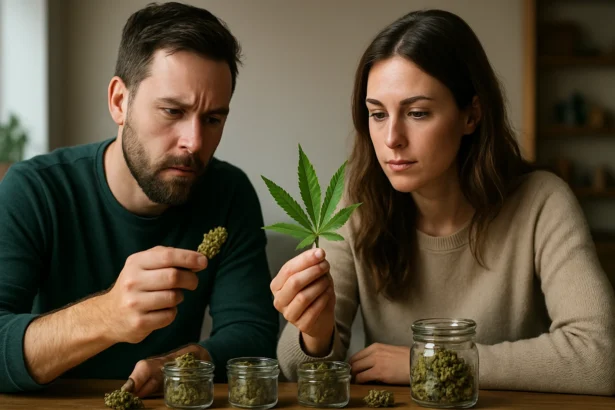 Dvojica ľudí skúma marihuanové odrody a listy, porovnávajú účinky.