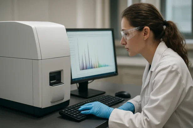 Vedkyňa pracuje s MALDI-TOF zariadením v laboratóriu