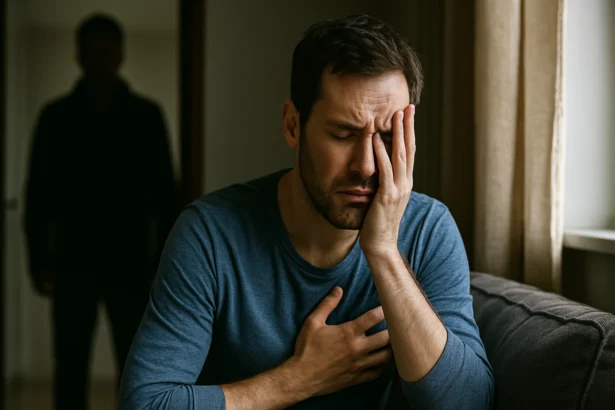 Muž sa cíti vystrašene a zmätene, zatiaľ čo za ním sa objavuje tieň.