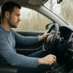 Muž riadi auto a manipuluje s rýchlou prevodovkou.