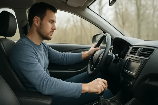 Muž riadi auto a manipuluje s rýchlou prevodovkou.