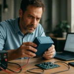 Muž skúma zariadenie pre jednosmerný prúd s elektronickými komponentmi.