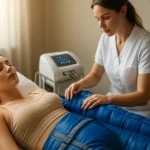 Žena podstupuje strojovú lymfodrenáž pre zdravie a krásu.