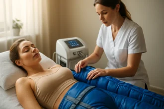 Žena podstupuje strojovú lymfodrenáž pre zdravie a krásu.