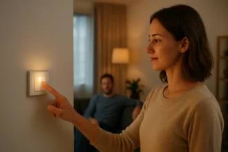 Žena ovláda bezdrôtový spínač v inteligentnej domácnosti.