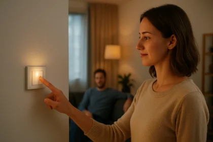 Žena ovláda bezdrôtový spínač v inteligentnej domácnosti.