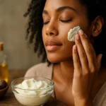 Žena nanášajúca shea maslo na tvár pre hydratáciu a regeneráciu pleti.
