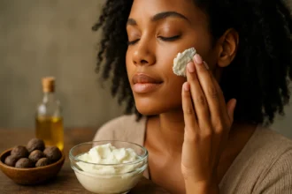Žena nanášajúca shea maslo na tvár pre hydratáciu a regeneráciu pleti.