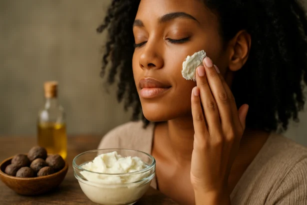 Žena nanášajúca shea maslo na tvár pre hydratáciu a regeneráciu pleti.