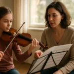 Dievča hrá na husliach so svojou učiteľkou v útulnej miestnosti.