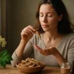 Žena vychutnáva Angelica Sinensis ako prírodnú podporu pre zdravie.