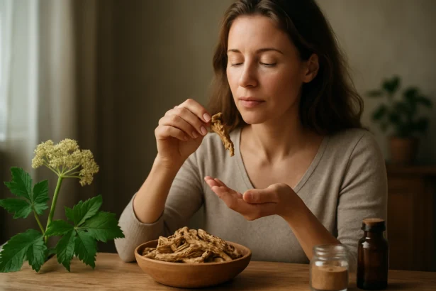Žena vychutnáva Angelica Sinensis ako prírodnú podporu pre zdravie.