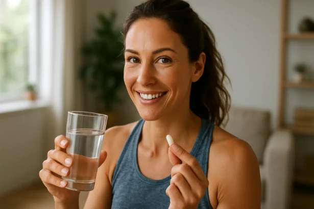 Žena užívajúca kolagénovú tabletku s pohárom vody