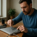 Muž zabezpečuje svoj notebook pomocou Kensington zámku.