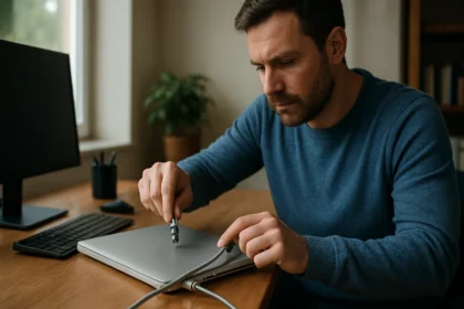 Muž zabezpečuje svoj notebook pomocou Kensington zámku.